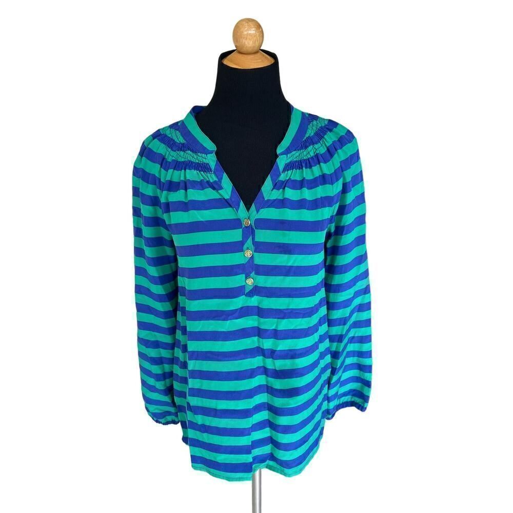 Lilly Pulitzer Green and Blue Striped Blouse 100% silk size XS